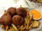 Chili Bombs with a side of Totally Unnecessary Cheese Sauce.