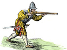 A Spanish soldier aiming an arquebus in the New World, late 1500s. Hand-colored 19th-century woodcut reproduction of an earlier illustration. A Spanish soldier aiming an arquebus in the New World, late 1500s. Hand-colored 19th-century woodcut reproduction of an earlier illustration.