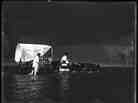 Three Seminole men accompany an ox-drawn cart through the Everglades of south Florida.