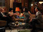 Dr. Arnold Rosen (Brian Markinson) and Sylvia Rosen (Linda Cardellini) celebrate New Year's Eve with Megan Draper (Jessica Pare) and Don Draper (Jon Hamm) as the sixth season of Mad Men opens.