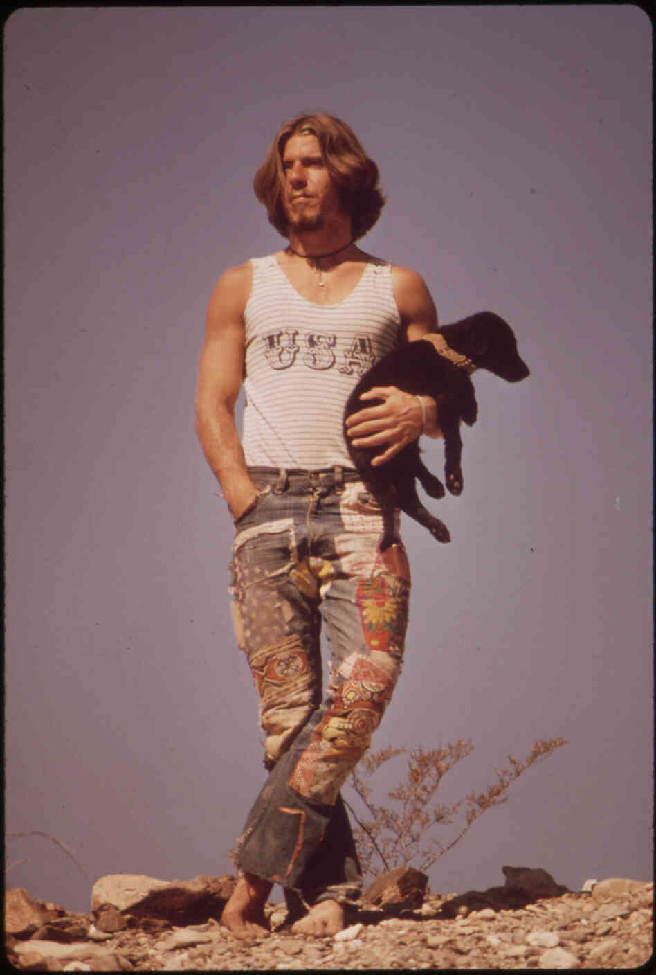 Hitchhiker with his dog, Tripper, on Route 66, Ariz,. May 1972. Hitchhiker with his dog, Tripper, on Route 66, Ariz,. May 1972.