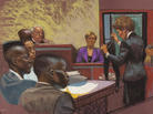 A courtroom sketch from the first trial in the Central Park jogger case shows prosecutor Elizabeth Lederer (standing on right), the victim (on the stand) and defendants Yusef Salaam, Raymond Santana and Antron McCray (on left). The high-profile case is the subject of a Ken Burns documentary, The Central Park Five, airing on PBS this month. A courtroom sketch from the first trial in the Central Park jogger case shows prosecutor Elizabeth Lederer (standing on right), the victim (on the stand) and defendants Yusef Salaam, Raymond Santana and Antron McCray (on left). The high-profile case is the subject of a Ken Burns documentary, The Central Park Five, airing on PBS this month.