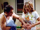 In a scene from Friends' eighth season, Joey (Matt LeBlanc) and Rachel (Jennifer Aniston) react to Rachel's pending pregnancy. The birth of the baby was a major plot point of the Emmy-winning season of the series.