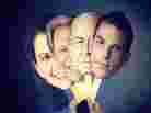 Masks created for NPR's Friday Night Spin party, featuring journalists (l-r) Melissa Block, Ken Rudin, Carl Kasell and Ari Shapiro.