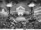 Rudolph Cronau's drawing of Wagner's opera house, Bayreuth, flanked by his birthplace (left) and place of death. Rudolph Cronau's drawing of Wagner's opera house, Bayreuth, flanked by his birthplace (left) and place of death.