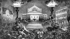 Rudolph Cronau's drawing of Wagner's opera house, Bayreuth, flanked by his birthplace (left) and place of death. Rudolph Cronau's drawing of Wagner's opera house, Bayreuth, flanked by his birthplace (left) and place of death.