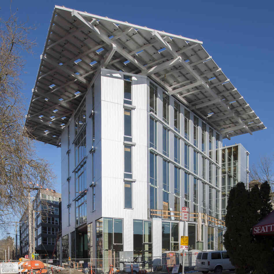 This Seattle building, a project by the Bullitt Foundation, is said to be the world's greenest office building. It uses a weather station to conserve energy, creates lighting via photovoltaic cells on the roof and features composting toilets. This Seattle building, a project by the Bullitt Foundation, is said to be the world's greenest office building. It uses a weather station to conserve energy, creates lighting via photovoltaic cells on the roof and features composting toilets.