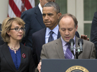 Mark Barden, the father of a young Newtown, Conn., shooting victim, speaks at a White House news conference on Wednesday, with President Obama and former Rep. Gabby Giffords. Obama denounced the Senate's defeat of a measure to expand background checks for gun buyers. "This was a pretty shameful day in Washington," he said. Mark Barden, the father of a young Newtown, Conn., shooting victim, speaks at a White House news conference on Wednesday, with President Obama and former Rep. Gabby Giffords. Obama denounced the Senate's defeat of a measure to expand background checks for gun buyers. "This was a pretty shameful day in Washington," he said.