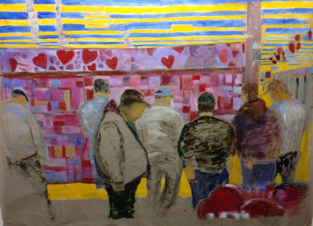 O'Connell also crowdsources the photographs he uses as fodder for his paintings. This piece, which shows men buying candies and Valentine's Day cards for their sweethearts, was based on a  submission.