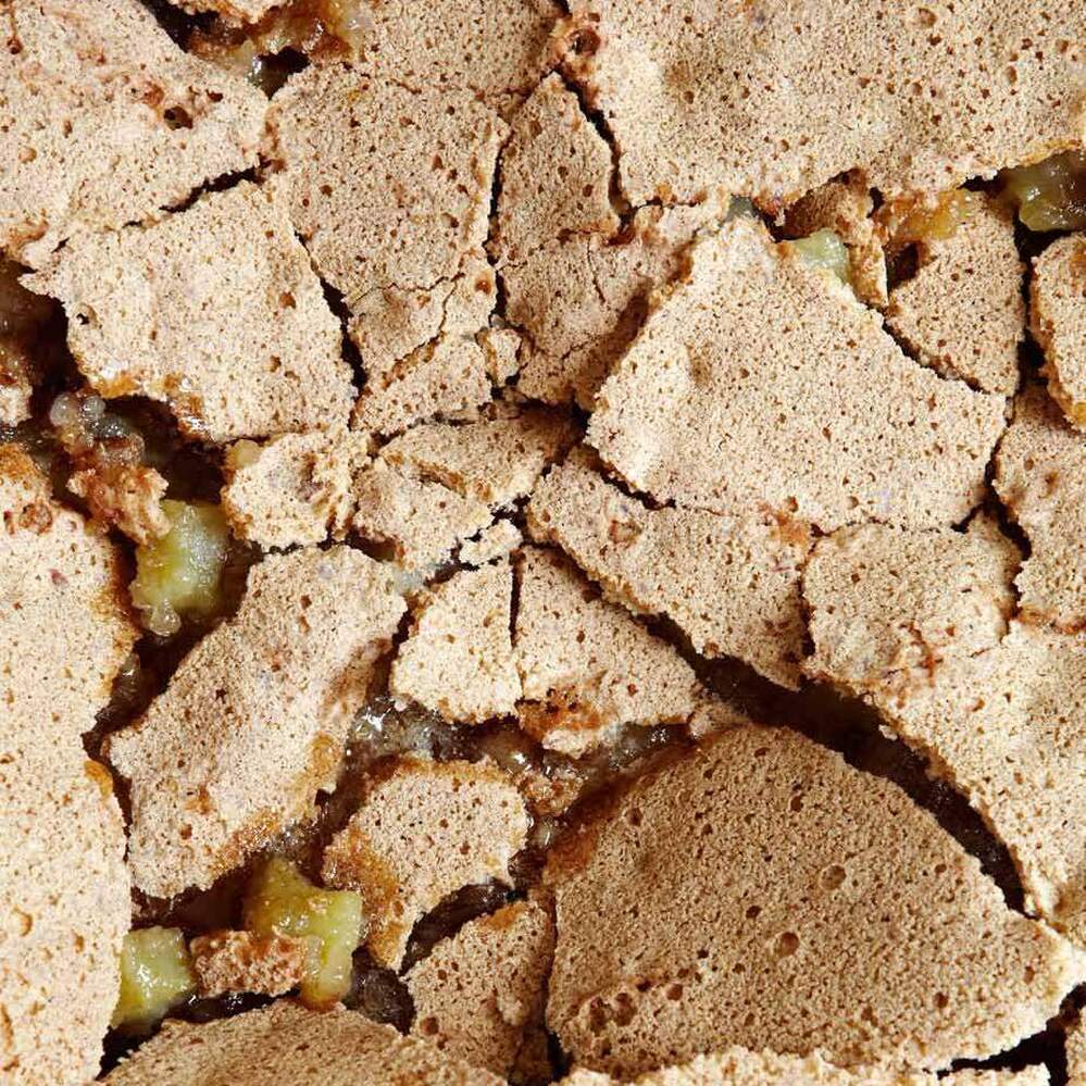 Huguenot torte has gooey caramel beneath a crackly top