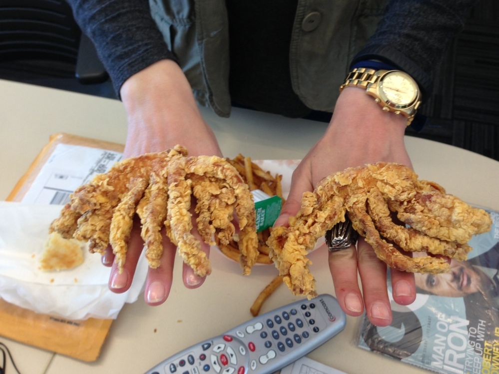 Try and guess which parts are Eva's hands, and which parts are the Rip'n Chick'n!