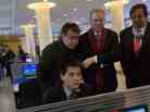 Eric Schmidt, the executive chairman of Google (third from left), and former New Mexico Gov. Bill Richardson (second from right) watch as a North Korean student surfs the Internet. Schmidt and Richardson visited this computer lab during a tour of Kim Il Sung University in Pyongyang, North Korea, in January.
