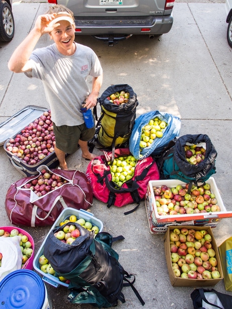 Jeff Wanner stands among the 500 pounds of apples he picked from neighborhood trees in a couple of hours with Falling Fruit co-founder Ethan Welty in Boulder, Colo., last fall.
