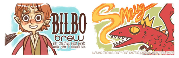 McGee calls "Bilbow Brew" — inspired by The Hobbit -- her current favorite fandom blend. It combines Irish breakfast, sweet potato and vanilla green teas, and tastes "kind of like breakfast in the Shire," she says. "Smaug," on the other hand, has lapsang souchong, candy cane and ginger teas in it. McGee calls "Bilbow Brew" — inspired by The Hobbit -- her current favorite fandom blend. It combines Irish breakfast, sweet potato and vanilla green teas, and tastes "kind of like breakfast in the Shire," she says. "Smaug," on the other hand, has lapsang souchong, candy cane and ginger teas in it.