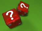 Two red casino dice landing question mark sided up on green cloth. Two red casino dice landing question mark sided up on green cloth.