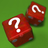 Two red casino dice landing question mark sided up on green cloth.