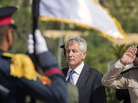 U.S. Secretary of Defense Chuck Hagel stands with an Egyptian army official as he salutes before laying a wreath at the Tomb of the Unknown Soldier on Wednesday in Cairo, Egypt. U.S. Secretary of Defense Chuck Hagel stands with an Egyptian army official as he salutes before laying a wreath at the Tomb of the Unknown Soldier on Wednesday in Cairo, Egypt.