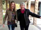 Harvey Mudd President Maria Klawe often uses her longboard to get around campus and chat with students like senior Xanda Schofield. Harvey Mudd President Maria Klawe often uses her longboard to get around campus and chat with students like senior Xanda Schofield.