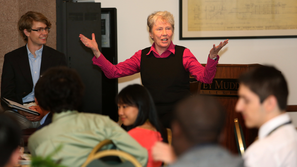 Harvey Mudd College President Maria Klawe talks to a group of newly admitted students on the campus in Claremont, Calif. Klawe has had a great deal of success getting more women involved in computing.