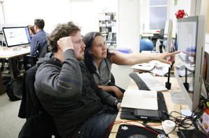 Sarah Allen, CEO of Blazing Cloud, works with user experience designer Anton Zadorozhnyy in the company's offices in San Francisco.