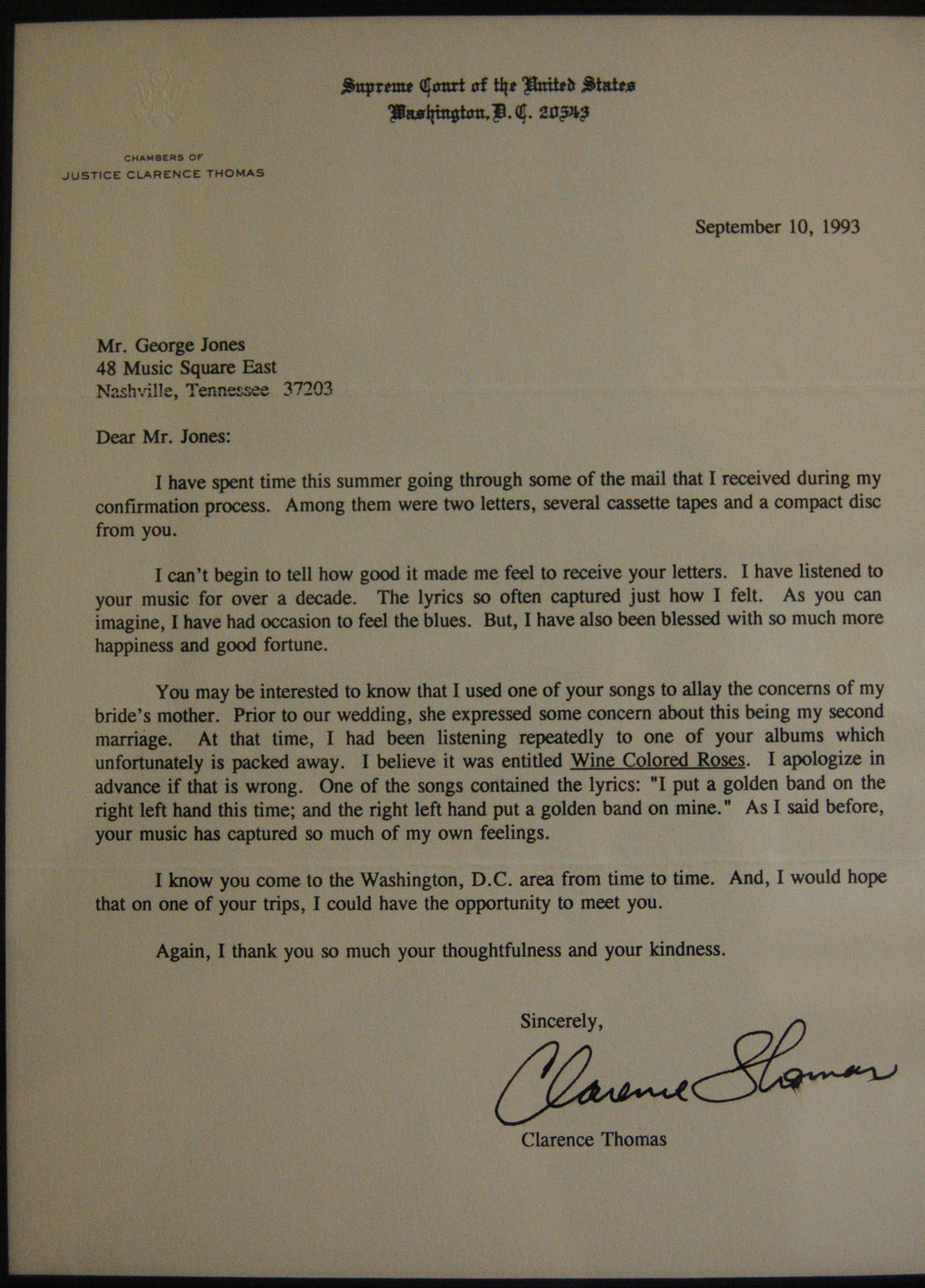 A framed letter, written from Supreme Court Justice Clarence Thomas to country superstar George Jones in 1993.