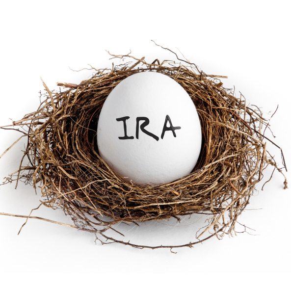 A white egg in a nest on a white background with the word IRA on the egg.