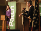 Democrat Elizabeth Colbert Busch looks over at former Republican Gov. Mark Sanford during a debate Monday in Charleston, S.C., in the 1st Congressional District race. Democrat Elizabeth Colbert Busch looks over at former Republican Gov. Mark Sanford during a debate Monday in Charleston, S.C., in the 1st Congressional District race.