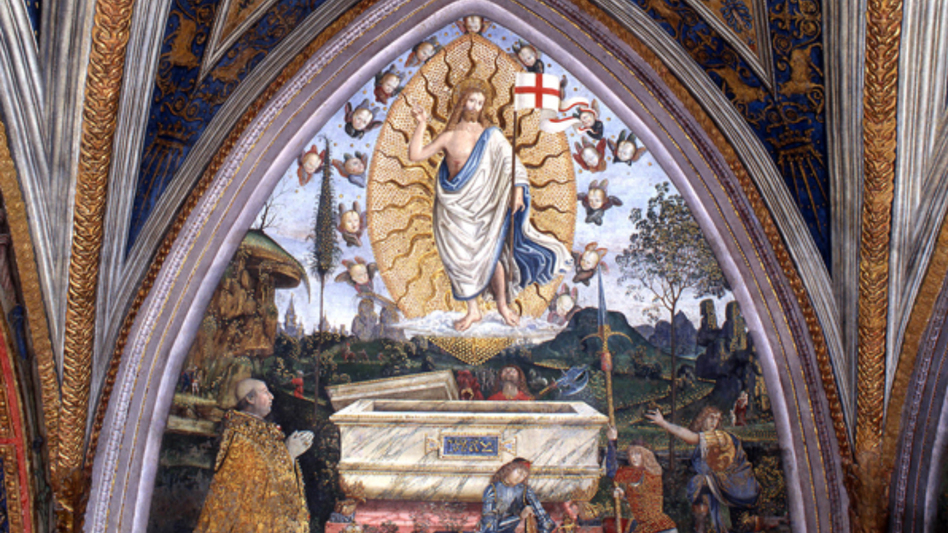 This recently restored painting in the Vatican, created in 1494 by the Renaissance master Pinturicchio, has a small depiction of naked men with feathered headdresses. This may be the first European depiction of Native Americans. The scene, just above the tomb of Jesus, is too small to be seen in this view of the entire painting but is shown in the photo below.