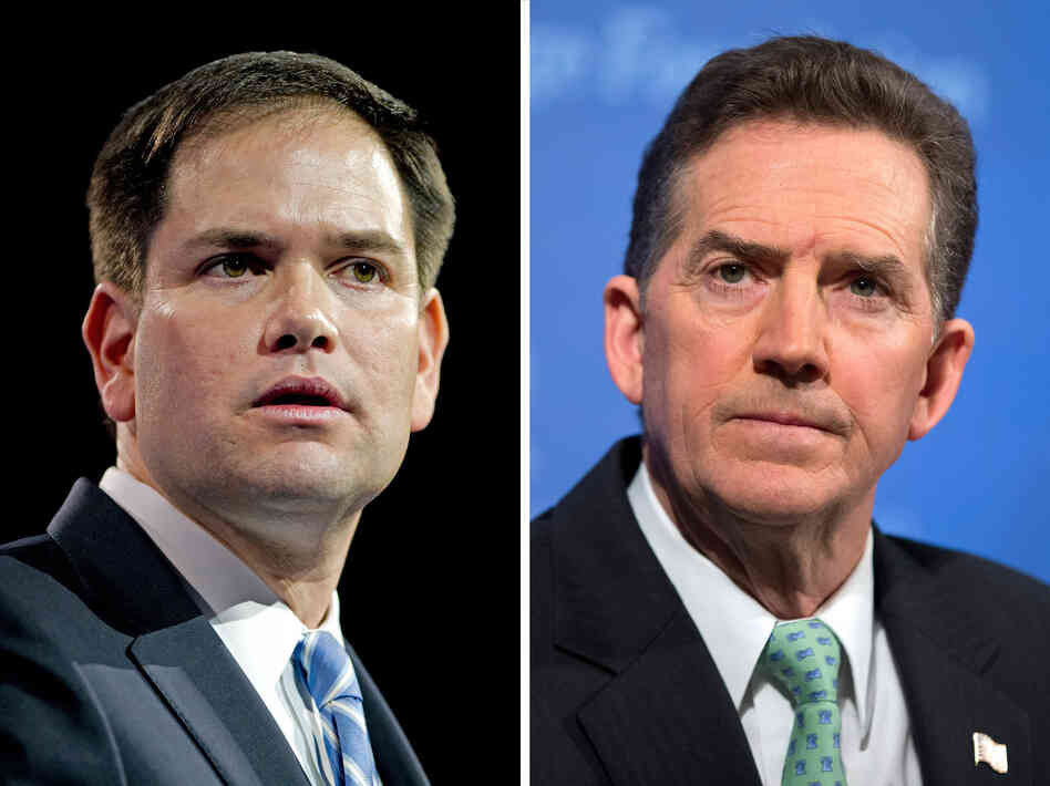 Republican Sen. Marco Rubio of Florida (left) makes remarks at CPAC 2013 on March 14. Jim DeMint (right), president of the Heritage Foundation, is shown during a news conference on immigration reform on May 6 in Washington, D.C. Republican Sen. Marco Rubio of Florida (left) makes remarks at CPAC 2013 on March 14. Jim DeMint (right), president of the Heritage Foundation, is shown during a news conference on immigration reform on May 6 in Washington, D.C.