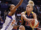Indiana Fever guard Erin Phillips (right) drives past Phoenix Mercury forward DeWanna Bonner during the first half of their WNBA basketball game Aug. 25. Indiana Fever guard Erin Phillips (right) drives past Phoenix Mercury forward DeWanna Bonner during the first half of their WNBA basketball game Aug. 25.