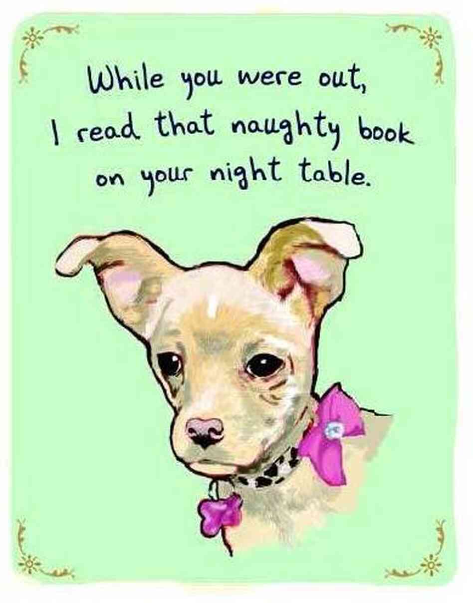 A dog under a caption reading "while you were out, I read that naughty book on your night table." A dog under a caption reading "while you were out, I read that naughty book on your night table."