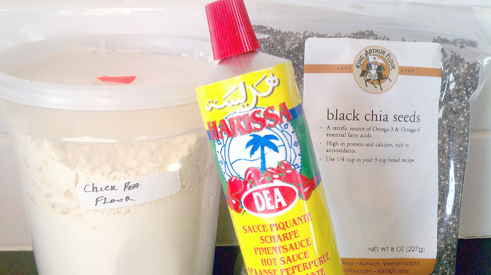 A kitchen renovation revealed some unusual items Laurel Ruma had picked up while traveling: chickpea flour, harissa and chia seeds.