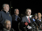 FBI Special Agent in Charge Richard DesLauriers (at the microphones), Boston Police Commissioner Edward Davis (standing, at far left) and other authorities briefing the news media on April 19. That's the day Boston bombings suspect Tamerlan Tsarnaev was killed and his brother, Dzhokhar, was captured.