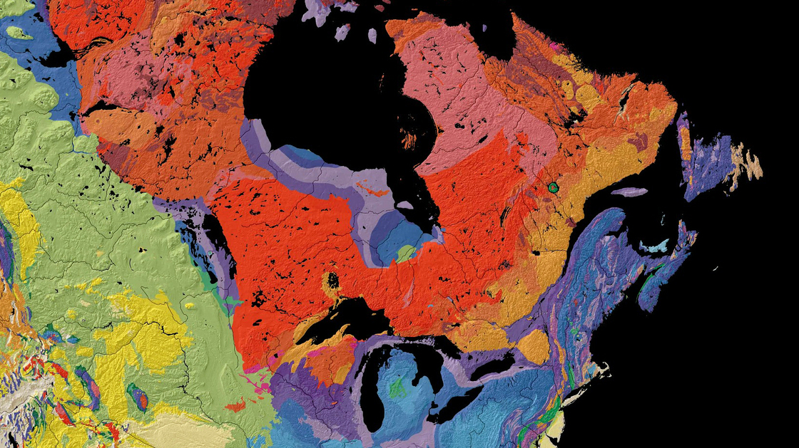 This map, from the United States Geological Survey, shows the age of bedrock in different regions of North America.  Scientists found ancient water in bedrock north of Lake Superior.  This region, colored red, was formed more than 2.5 billion years ago.