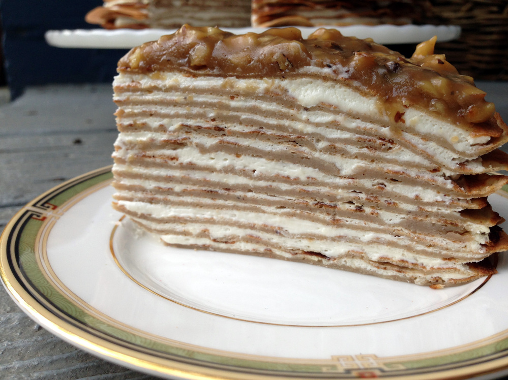 Banana Crepe Cake With Yogurt And Walnut Butterscotch