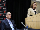 Rutgers athletics director Julie Hermann takes a question as university President Robert Barchi looks on Wednesday. Hermann' hire comes a month after the school fired its basketball coach over a video of abusive practices. Rutgers athletics director Julie Hermann takes a question as university President Robert Barchi looks on Wednesday. Hermann' hire comes a month after the school fired its basketball coach over a video of abusive practices.