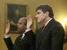 Ousted IRS chief Steve Miller (right) and J. Russell George, a Treasury inspector general, take the oath before testifying on before the House Ways and Means Committee on Friday.