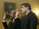 Ousted IRS chief Steve Miller (right) and J. Russell George, a Treasury inspector general, take the oath before testifying on before the House Ways and Means Committee on Friday. Ousted IRS chief Steve Miller (right) and J. Russell George, a Treasury inspector general, take the oath before testifying on before the House Ways and Means Committee on Friday.