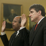 Ousted IRS chief Steve Miller (right) and J. Russell George, a Treasury inspector general, take the oath before testifying on before the House Ways and Means Committee on Friday.