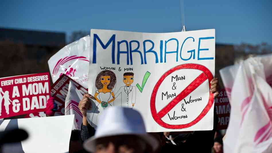 Opponents of same-sex marriage participate in the March for Marriage in Washington, D.C., on March 26, as the Supreme Court hears arguments on California's Proposition 8 ban on same-sex marriage. Opponents of same-sex marriage participate in the March for Marriage in Washington, D.C., on March 26, as the Supreme Court hears arguments on California's Proposition 8 ban on same-sex marriage.