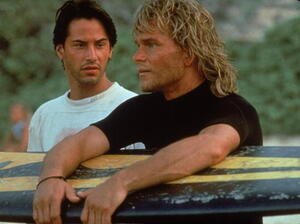 Actors Keanu Reeves and Patrick Swayze in Kathryn Bigelow's 1991 action film, Point Break.