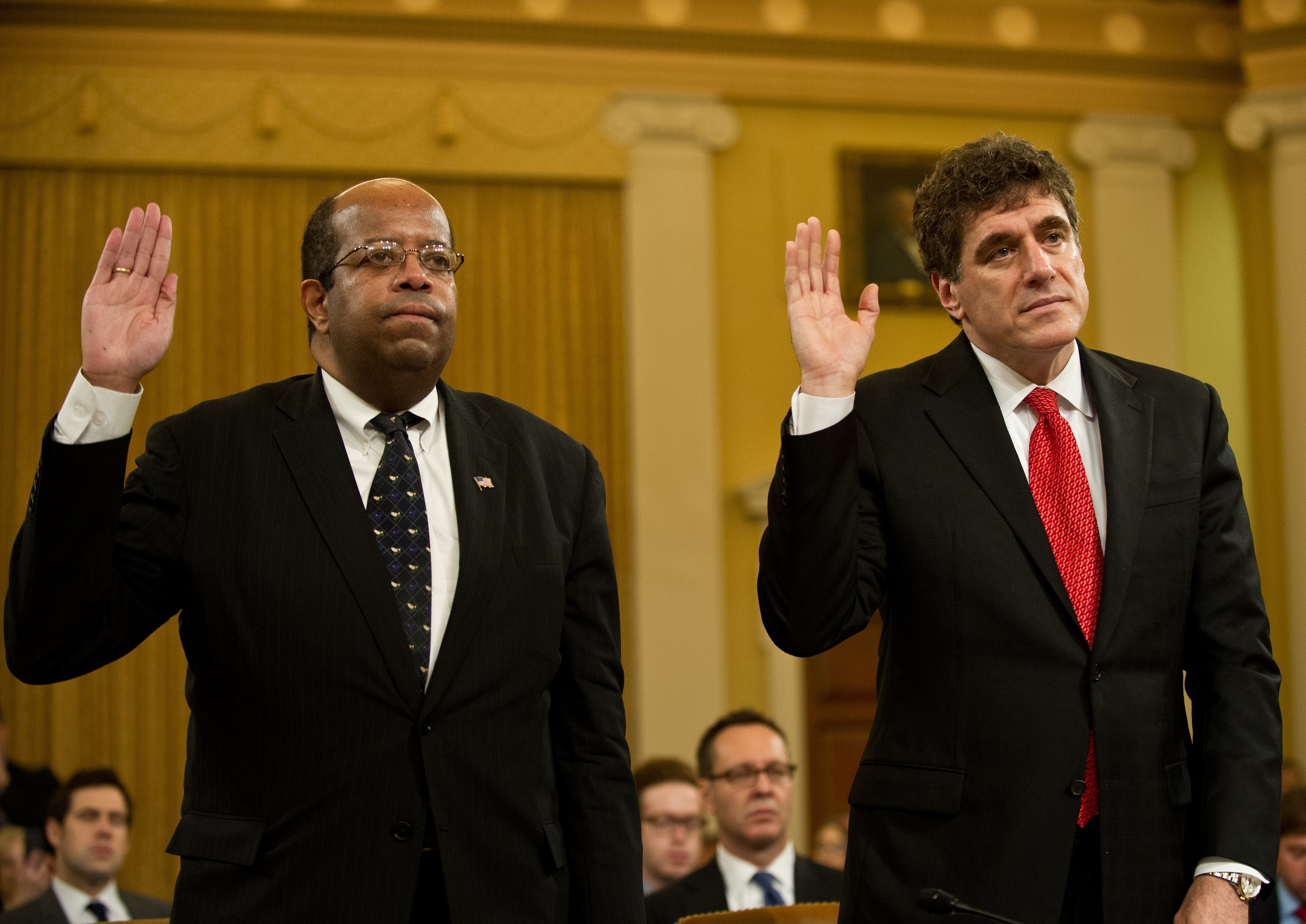Outgoing acting Internal Revenue Service Commissioner Steve Miller (right) and Treasury Inspector General for Tax Administration J. Russell George are sworn before a full House Ways and Means Committee hearing Friday.