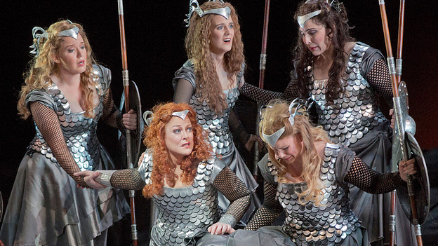 The Valkyries, led by Brunnhilde (soprano Debra Voigt, lower left), are the warrior maidens of Richard Wagner's epic Ring cycle.