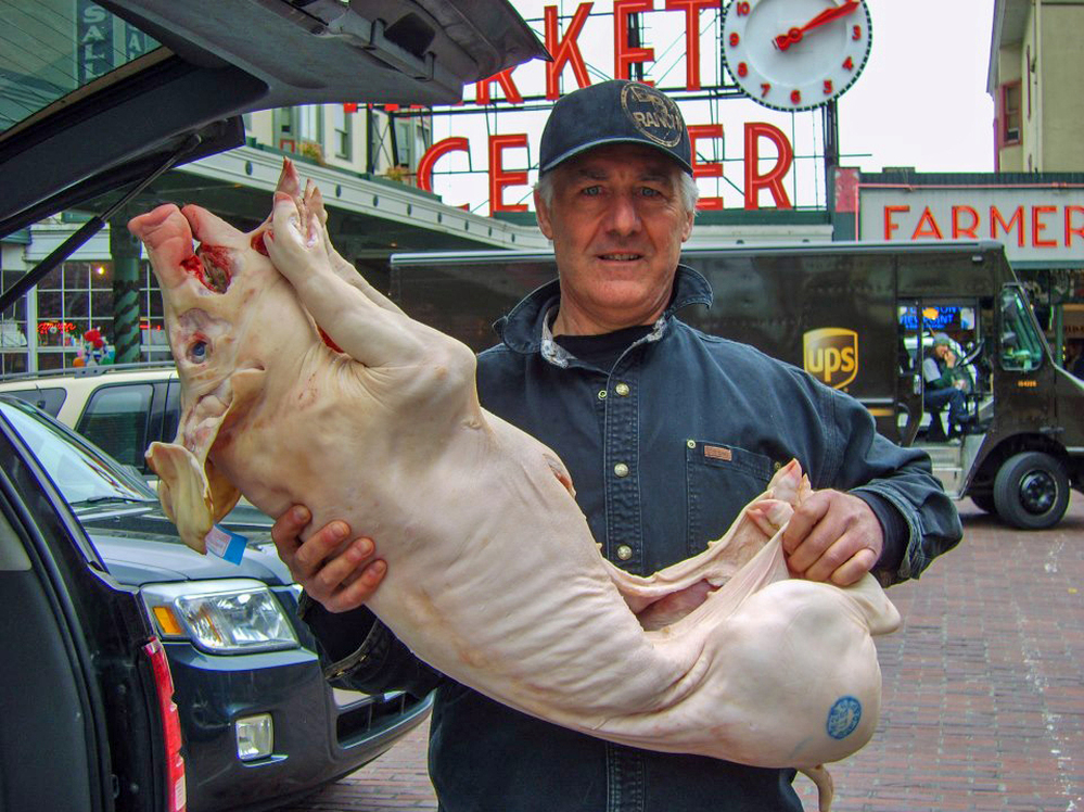 William von Schneidau, who owns the BB Ranch butcher shop at Pike Place Market in Seattle, has made prosciutto from pigs fed marijuana.