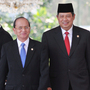 Indonesian President Susilo Bambang Yudhoyono (right) walks with Myanmar's then-prime minister, Gen. Thein Sein, at the Presidential Palace in Jakarta on March 16, 2009. Both men are former military officers, leading their Southeast Asian nations along a sometimes rocky path to democracy.