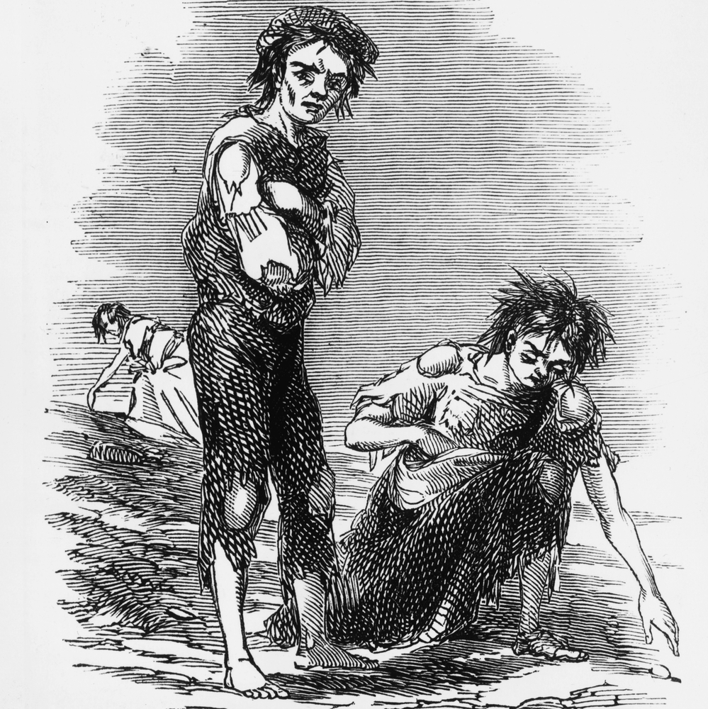 This illustration from 1846 shows a starving boy and girl raking the ground for potatoes during the Irish Potato Famine, which began in the 1840s.