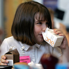 Morgan Barnett, 7, drinks from containers of 1 percent milk and chocolate milk during lunch at a school in St. Paul, Minn., in 2006.