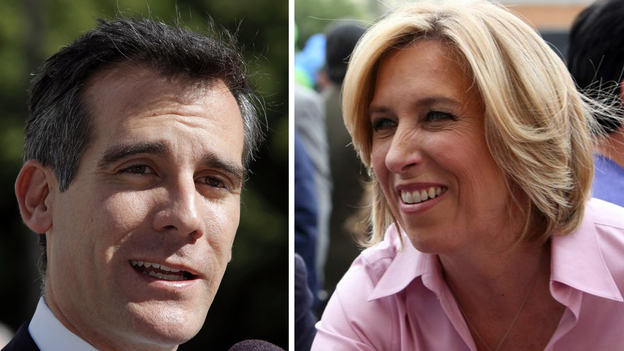 Los Angeles mayoral candidates Eric Garcetti and Wendy Greuel. (AP)