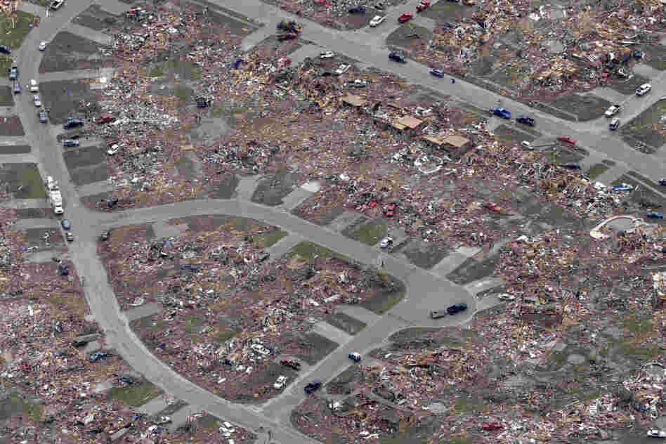An aerial image taken on Tuesday shows an entire neighborhood of Moore was destroyed by Monday's tornado.