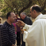 Ibrahim Shomali, a Palestinian priest, offers Communion under the olive trees of the Cremisan Valley in the Israeli-occupied West Bank. This is part of a regular protest against Israeli plans to build a section of its West Bank barrier here, which would separate Palestinians from their agricultural lands.